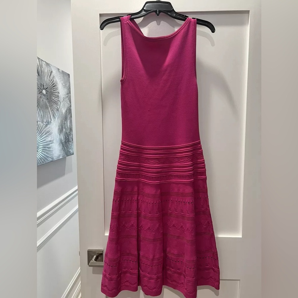 LRL RALPH LAUREN US S Fuchsia Pink Stretch Pointelle Knit Fit & Flare Midi Dress